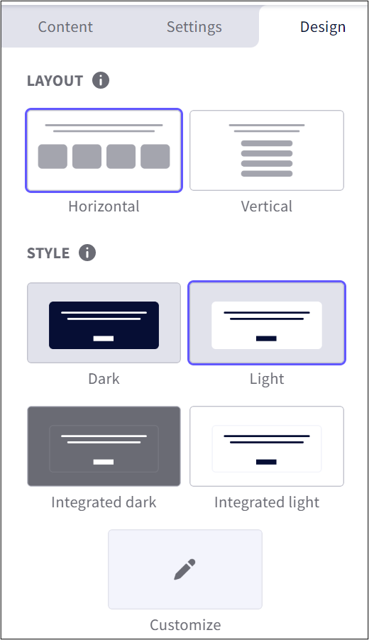 Design tab for questions with layout and style options